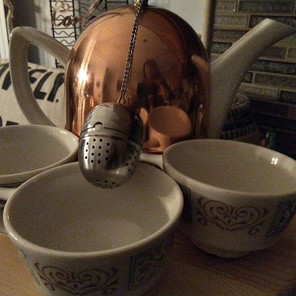 Exc Vtg Teapot w.copper thermal cover tea steeper 3 Homer Laughlin teacups bonus - Picture 14 of 14